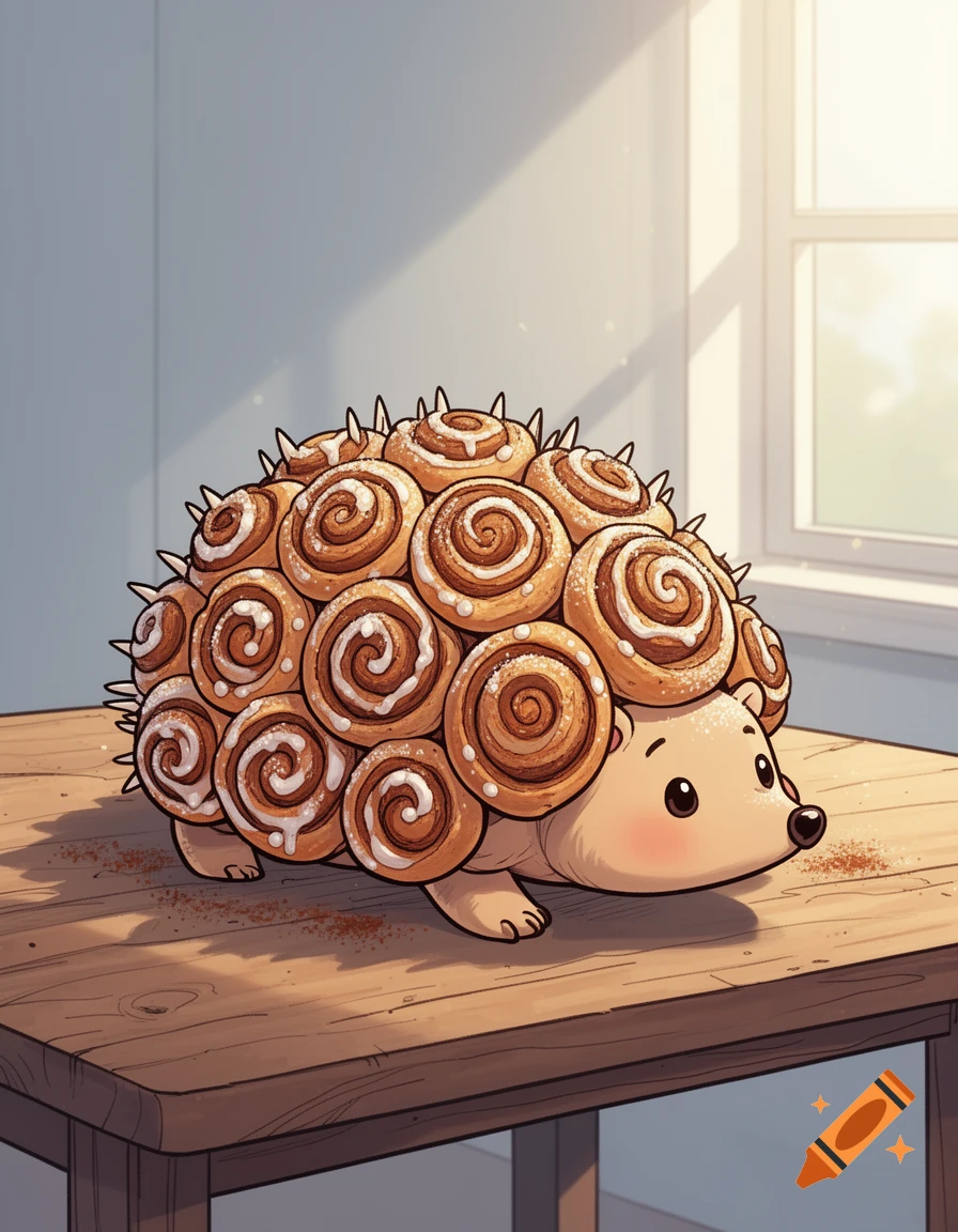 A cute cartoon cinnamon roll hedgehog sits on a wooden table in a sunlit room by a window.