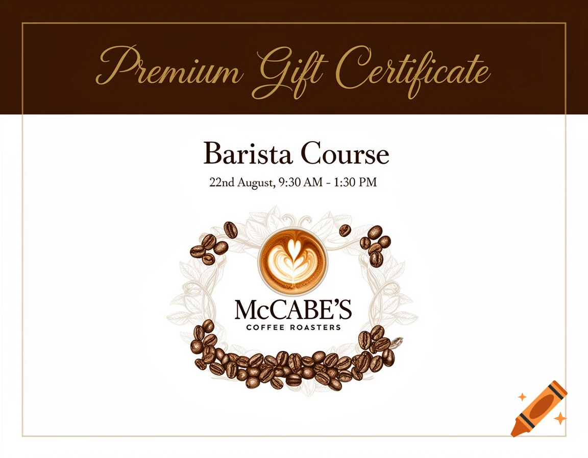 A premium gift certificate for a Barista Course at McCabe's Coffee Roasters, featuring a coffee cup with latte art and coffee beans.