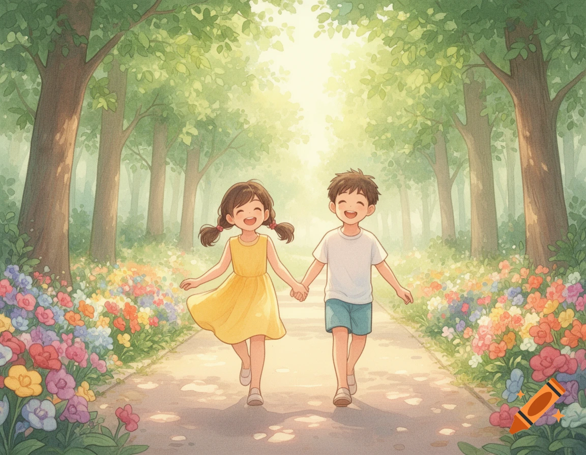 A happy cartoon boy and girl hold hands, walking on a path lined with colorful flowers in a bright, sunlit forest, in a watercolor style.