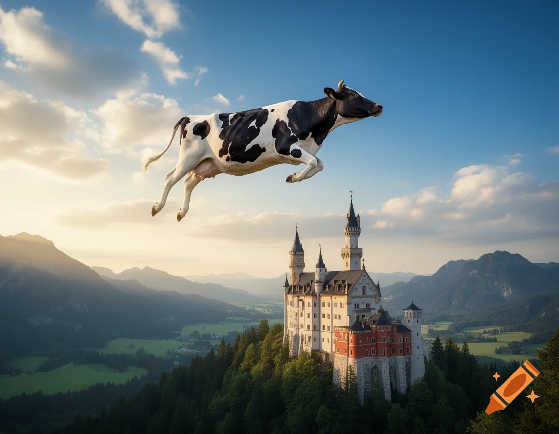 A photorealistic black and white cow flies across a bright blue sky above Neuschwanstein Castle on a forested hill.