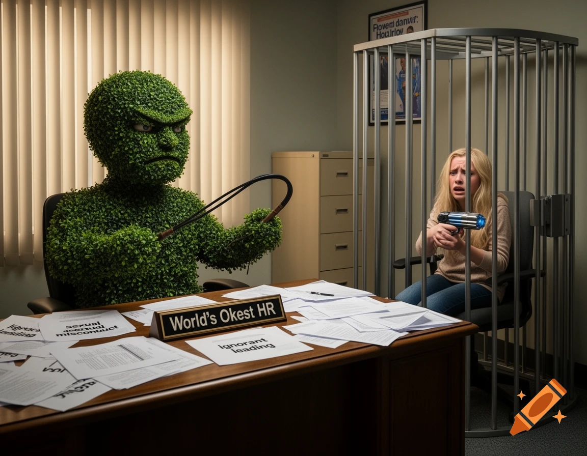 A human-shaped bush creature with a whip glares at a frightened woman in a cage holding a taser in an HR office.