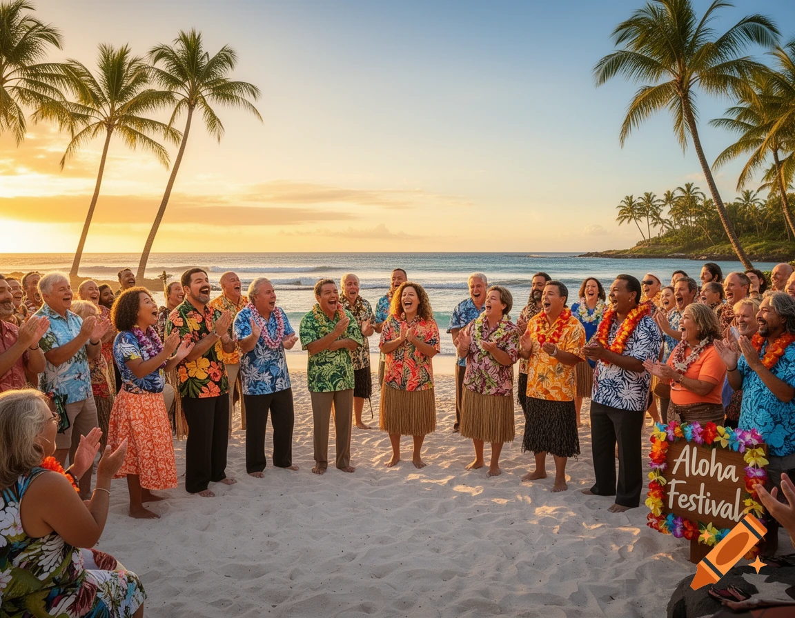 A large group of happy people in Hawaiian shirts and leis clap and laugh on a sandy beach at sunset, with palm trees and ocean in the background. A sign reads "Aloha Festival".