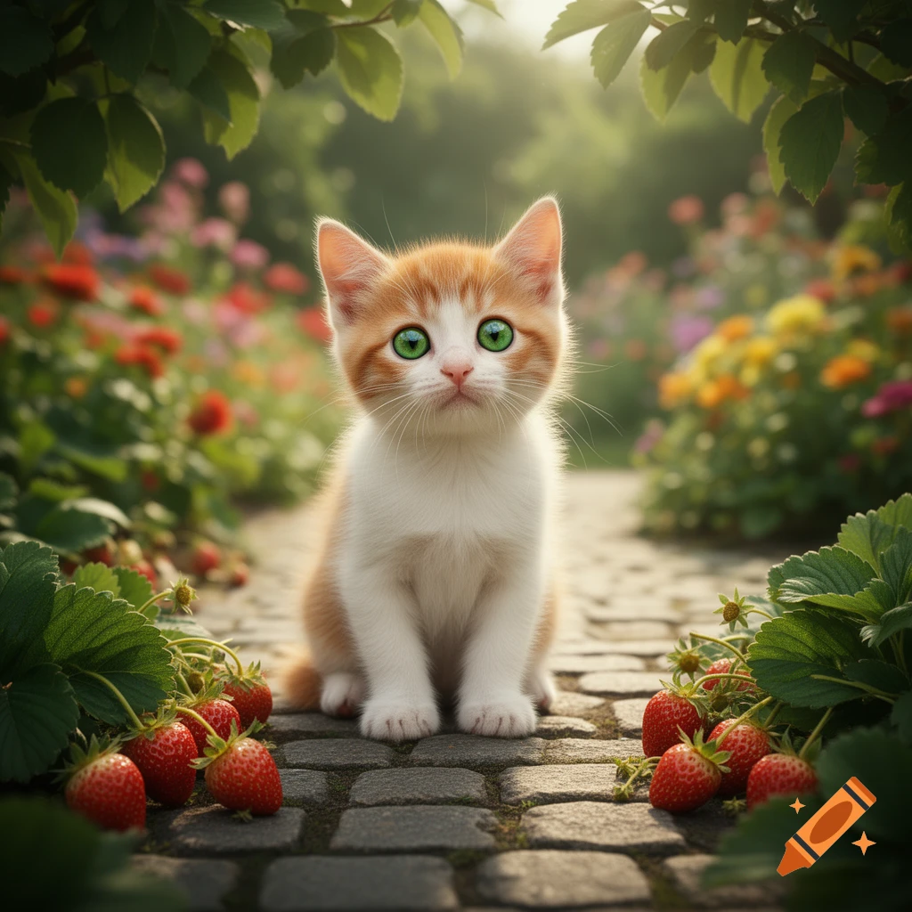 An orange and white kitten with vivid green eyes sits on a cobblestone path, surrounded by strawberries and lush greenery in a sunlit garden.