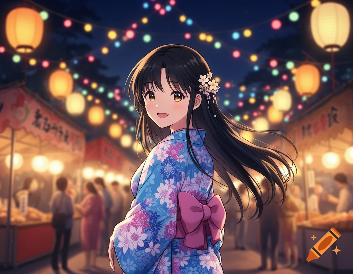 Anime girl in a blue floral yukata with a pink obi bow smiles at a vibrant Japanese festival night, surrounded by glowing lanterns.