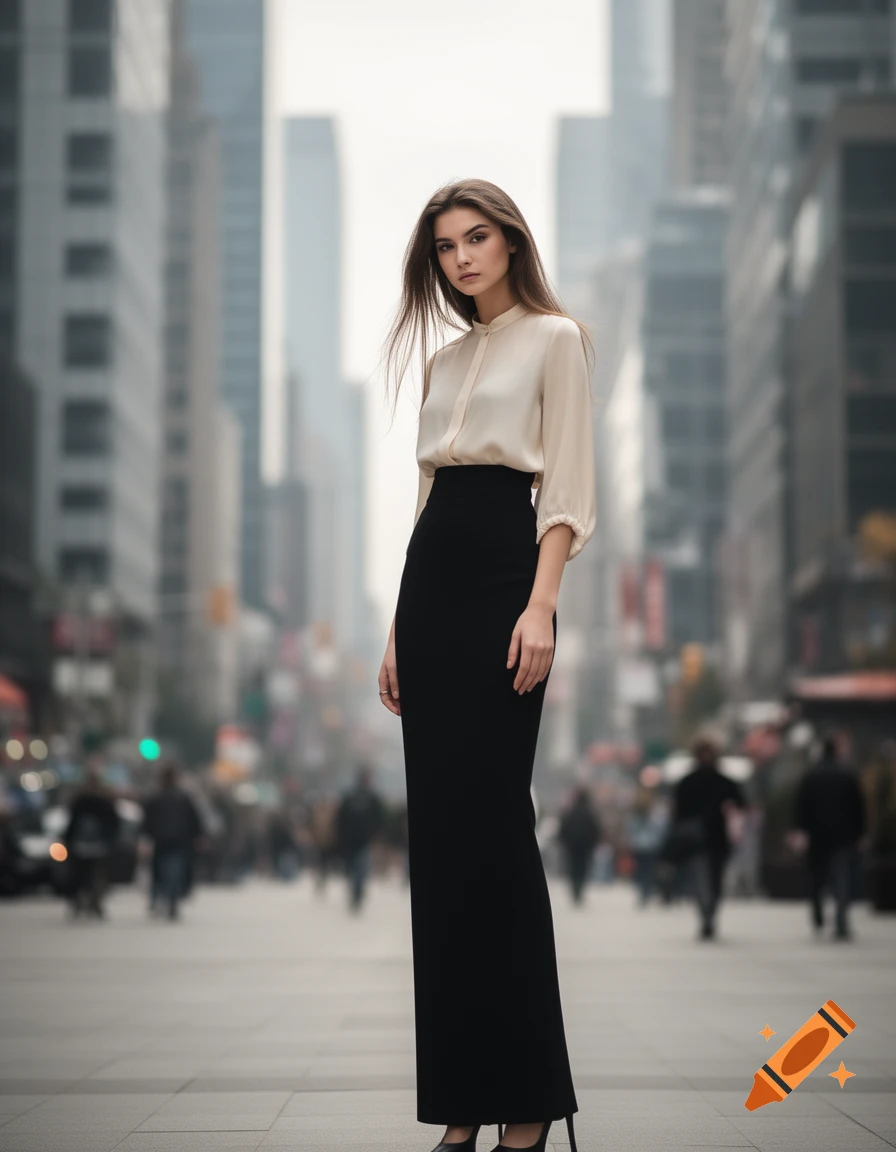 A young woman in a cream blouse and long black skirt stands on a city street with blurred skyscrapers in the background.