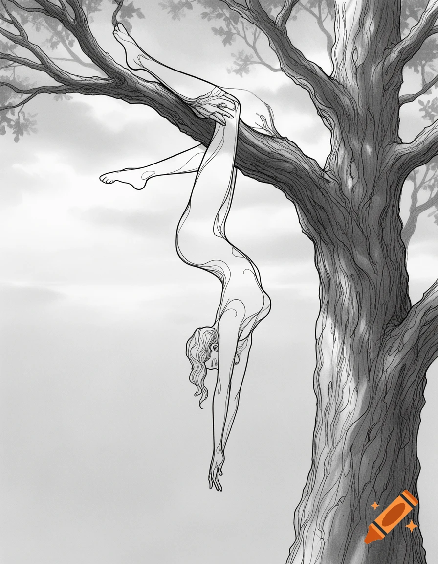 Stylized line art drawing of a female body hanging upside down from a tree limb in greyscale.