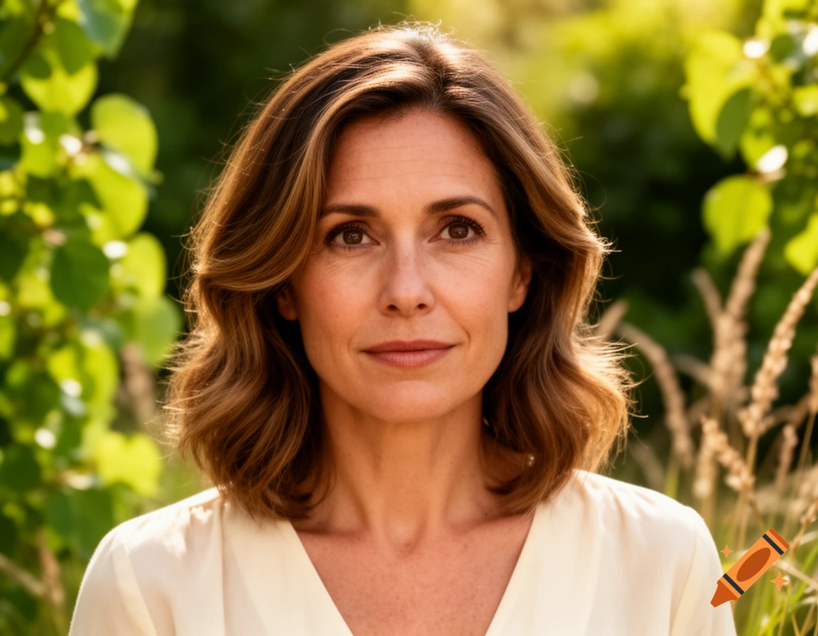 A close-up photorealistic portrait of a woman with medium brown wavy hair, wearing a light cream top, against a green leafy background.