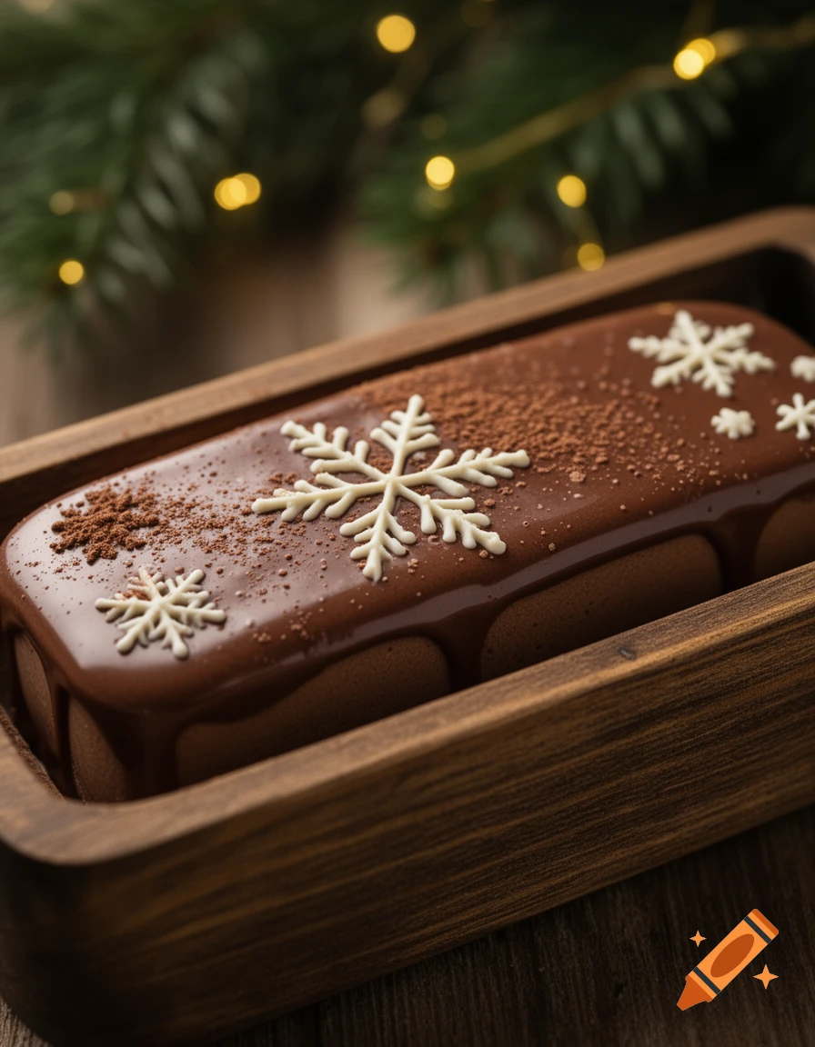A rich chocolate cake with a glossy glaze and white snowflake decorations sits in a wooden tray, with blurred Christmas lights in the background.