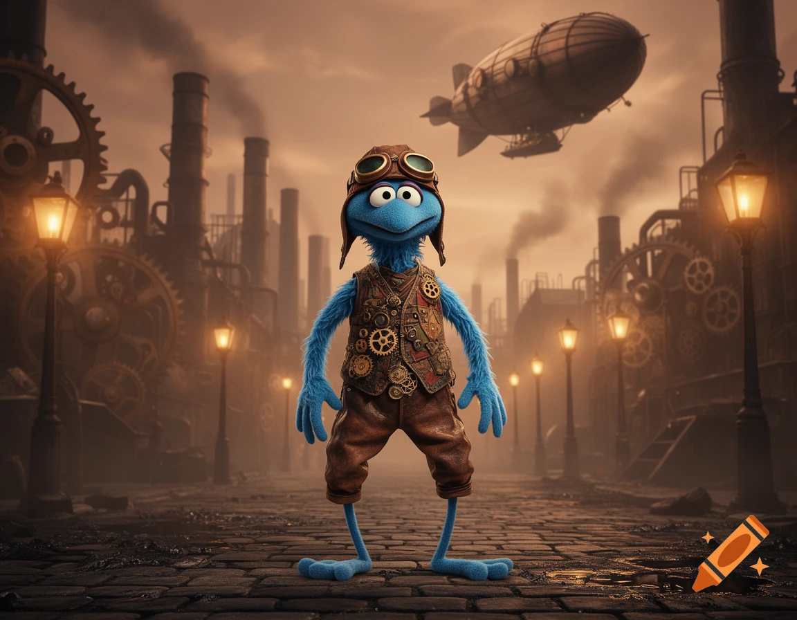 Gonzo from the Muppets, in steampunk attire with goggles, stands on a cobblestone street in a dystopian city with factory smokestacks and a dirigible in the sky.