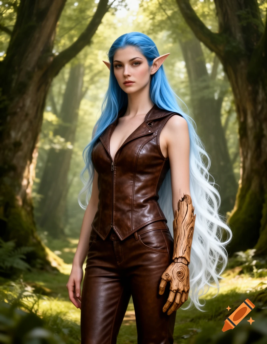 A tall elven woman with long blue hair, wearing a brown leather vest and pants, stands in a mystical forest. She has a wooden left hand.
