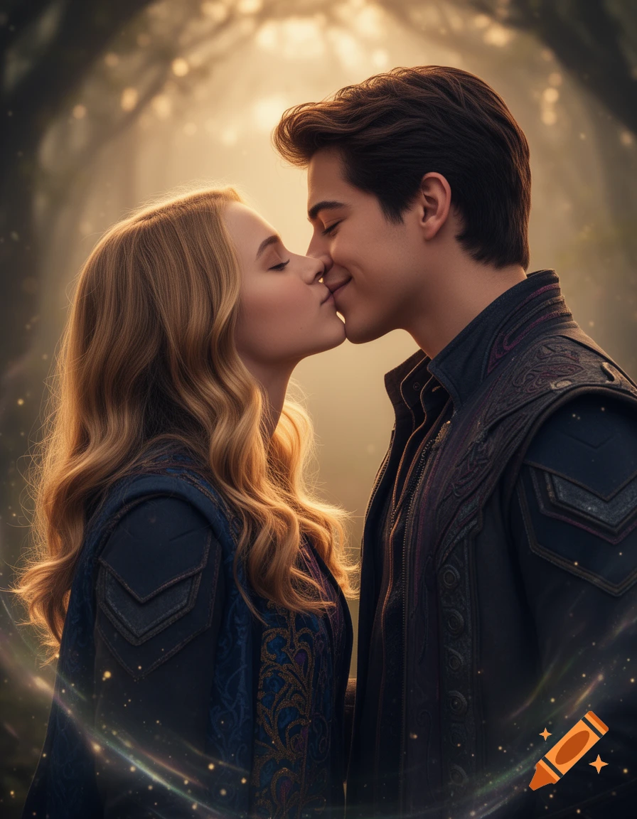 A young couple, a man and a woman, kissing tenderly in a magical, sunlit forest, with glowing light and ethereal sparkles around them.