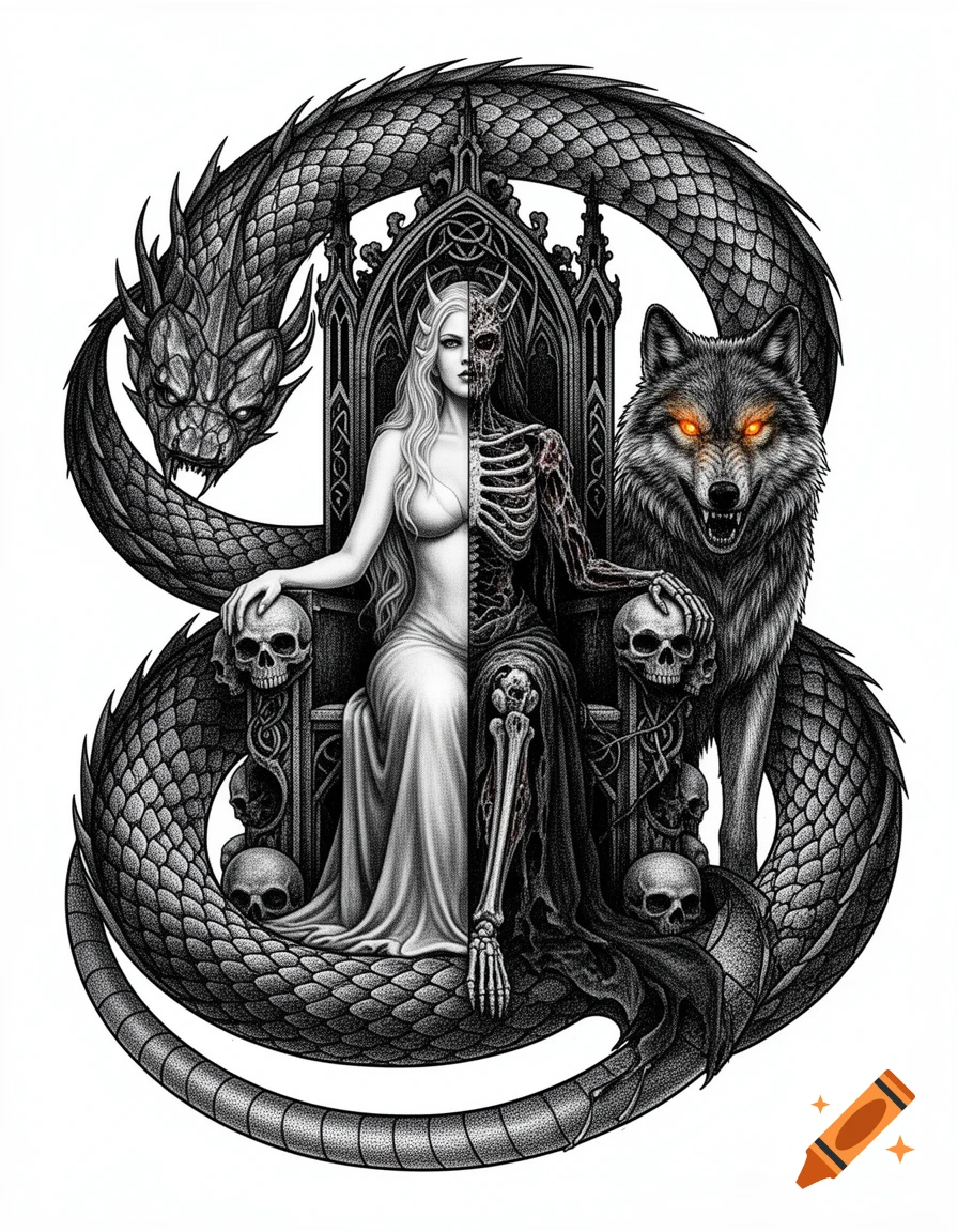 A detailed black and white dark art illustration of Hel, half woman, half skeleton, on a gothic skull throne, flanked by Fenrir and Jormungandr.