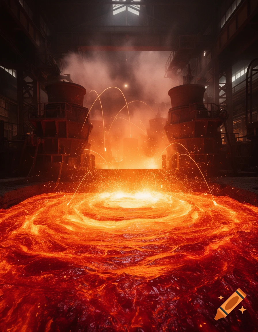 A dramatic view inside a dark industrial factory, where molten, glowing orange iron swirls in a large pit, with sparks flying upwards.