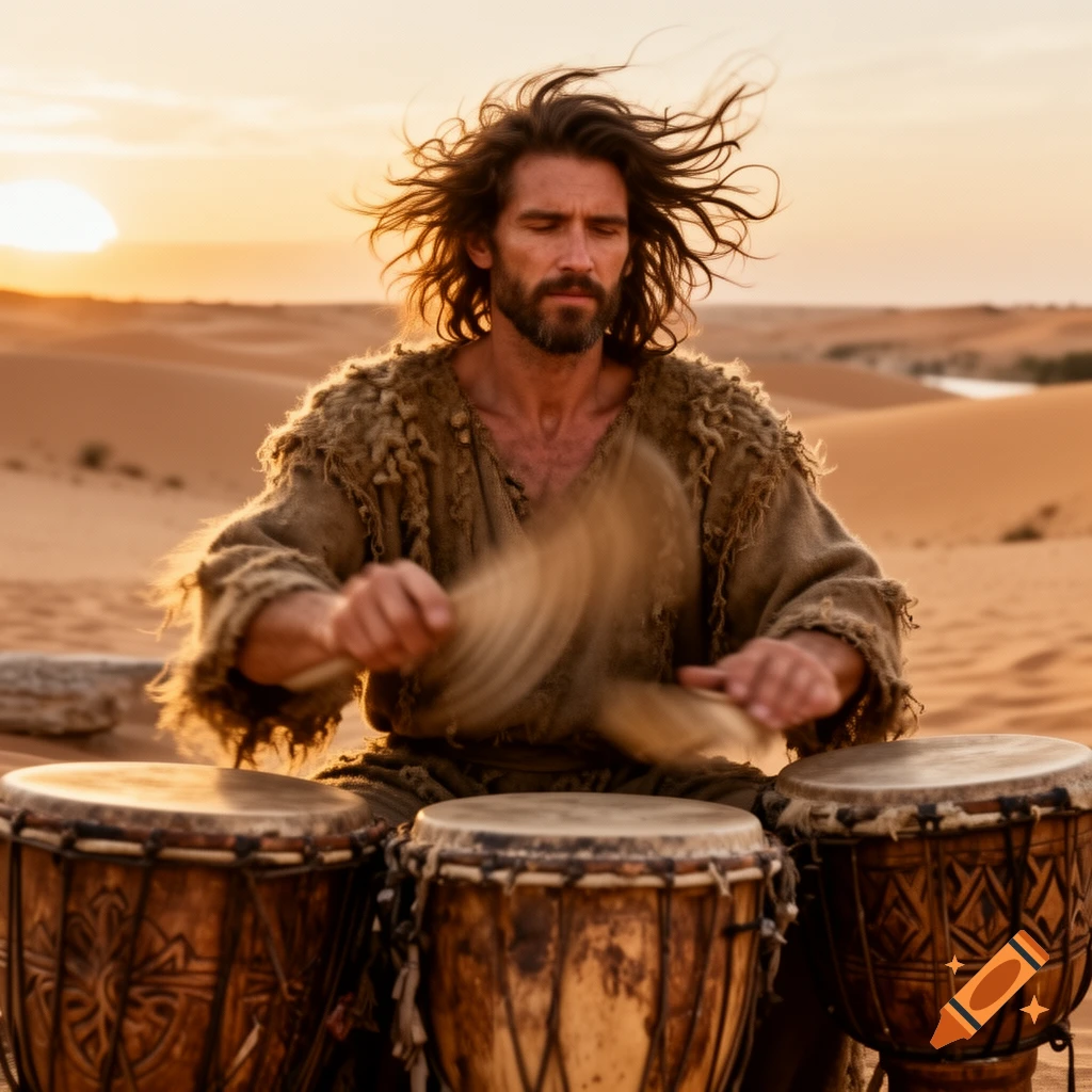 A man with long, windblown hair and a beard plays drums in a vast desert at sunset, bathed in warm light.