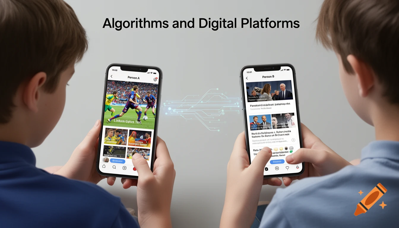 Two young boys view different social media feeds on their smartphones, connected by a subtle algorithmic data stream. Text reads "Algorithms and Digital Platforms".