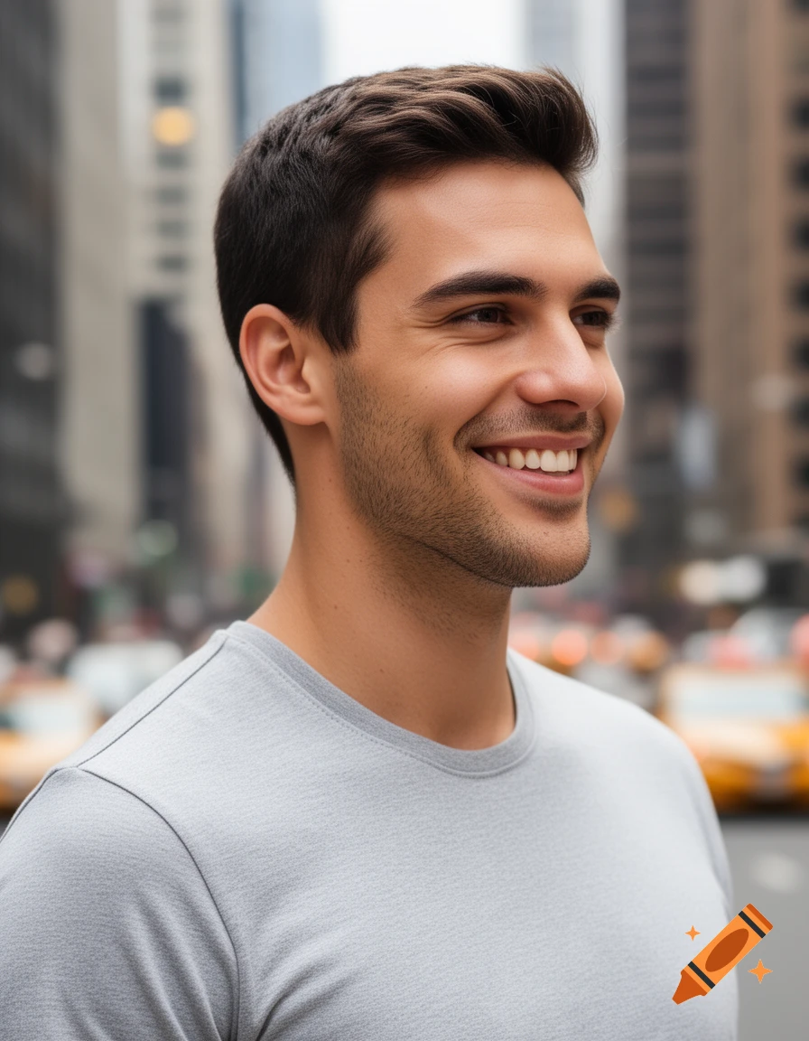 Photorealistic portrait of a smiling man in a grey t-shirt, looking right, with a blurry city street in the background.