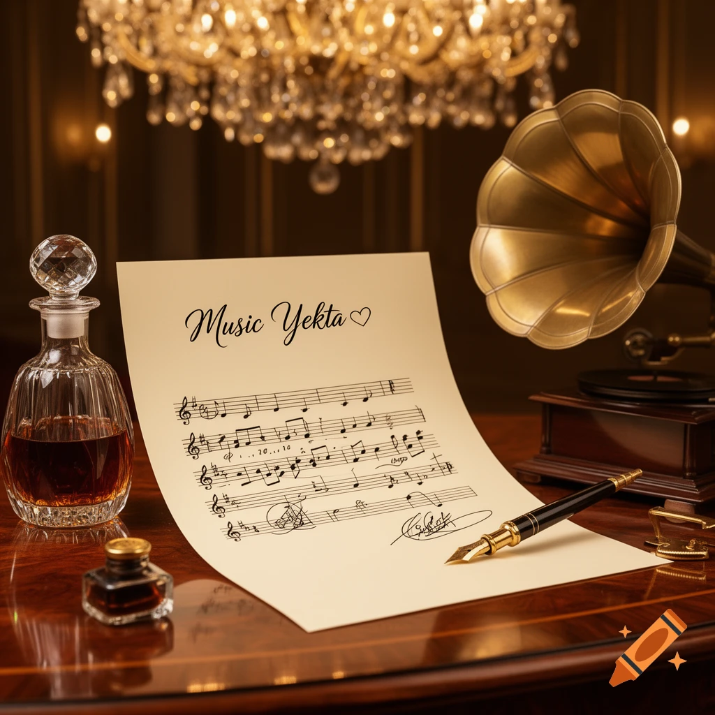 A luxurious flat lay of a sheet of music titled 'Music Yekta' with a heart symbol, a decanter, an inkwell, and a quill pen on a polished wooden table. A vintage gramophone and a sparkling chandelier are in the background.