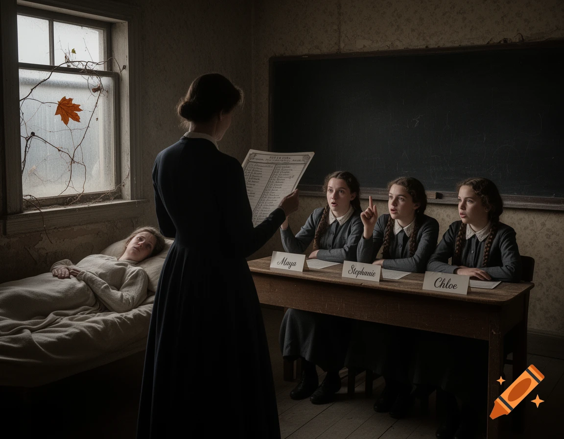 A teacher faces three students at desks named Maya, Stephanie, and Chloe, while a sick girl lies in bed by a window in a dimly lit historical classroom.