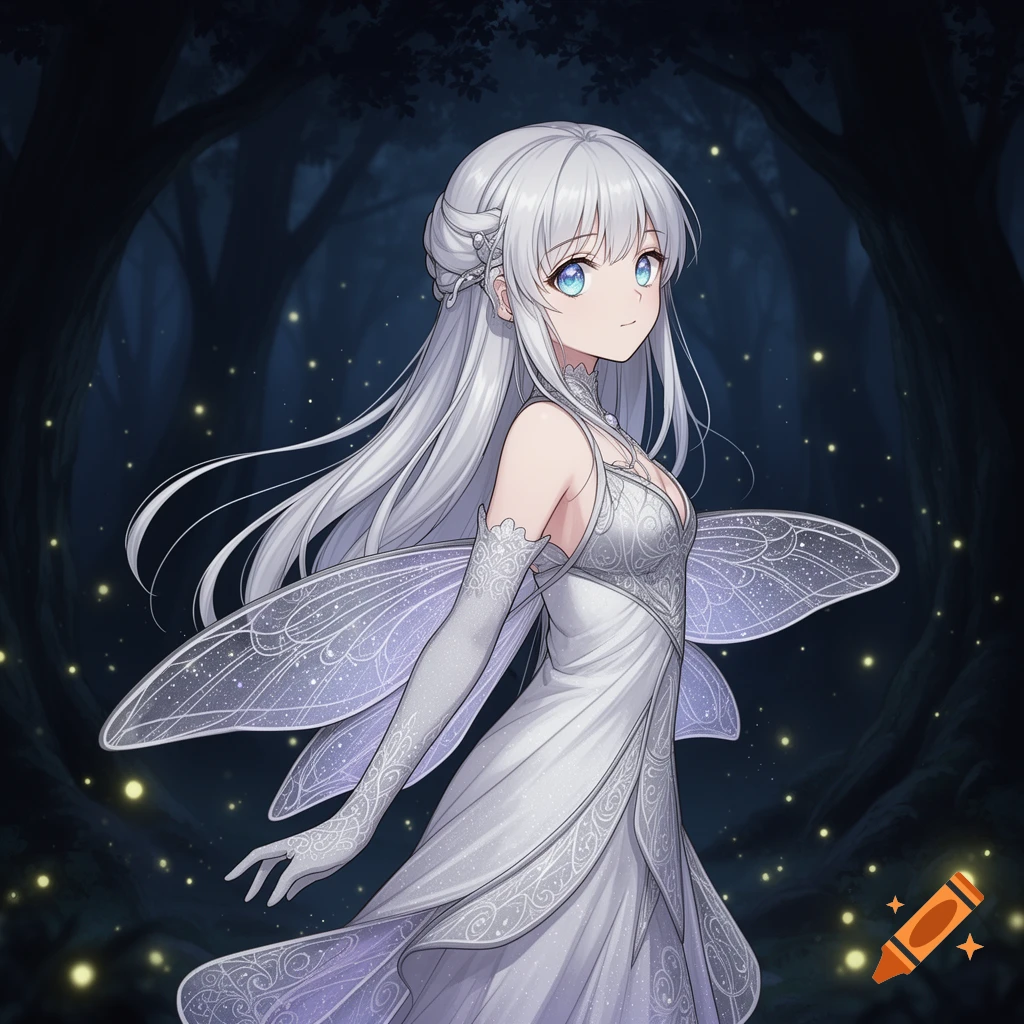 Anime girl with long white hair, blue eyes, and sparkling moth wings wearing a white dress in a dark forest with fireflies.