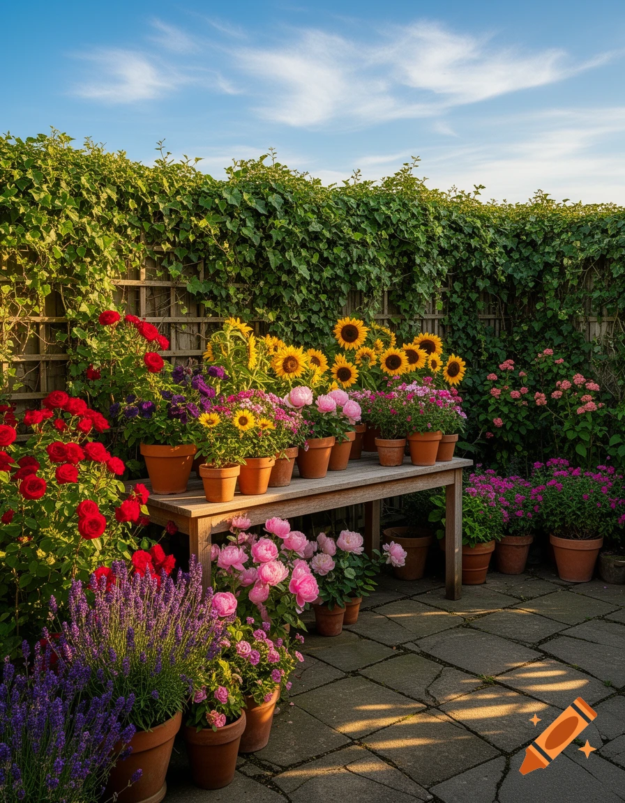 A vibrant garden with potted sunflowers, red roses, pink peonies, and purple lavender plants on a stone patio with a trellised ivy wall.
