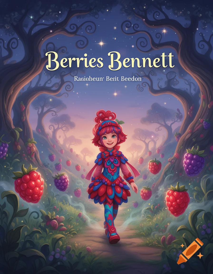 A whimsical illustration of a smiling cartoon girl in a berry-themed dress walking through a magical forest filled with large, colorful berries and glowing trees.