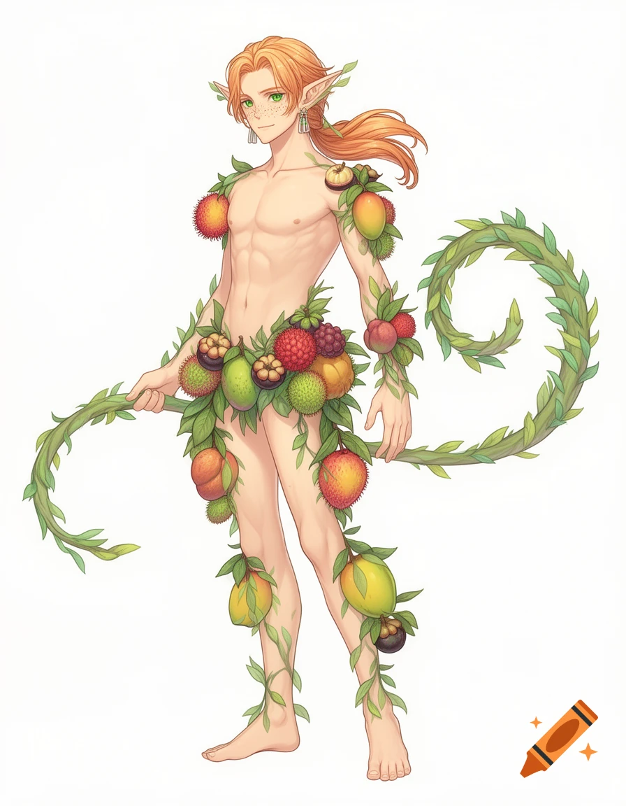 Anime-style male dryad with long strawberry blonde hair, green eyes, freckles, and pointed ears, adorned with fruits and leaves, on a white background.