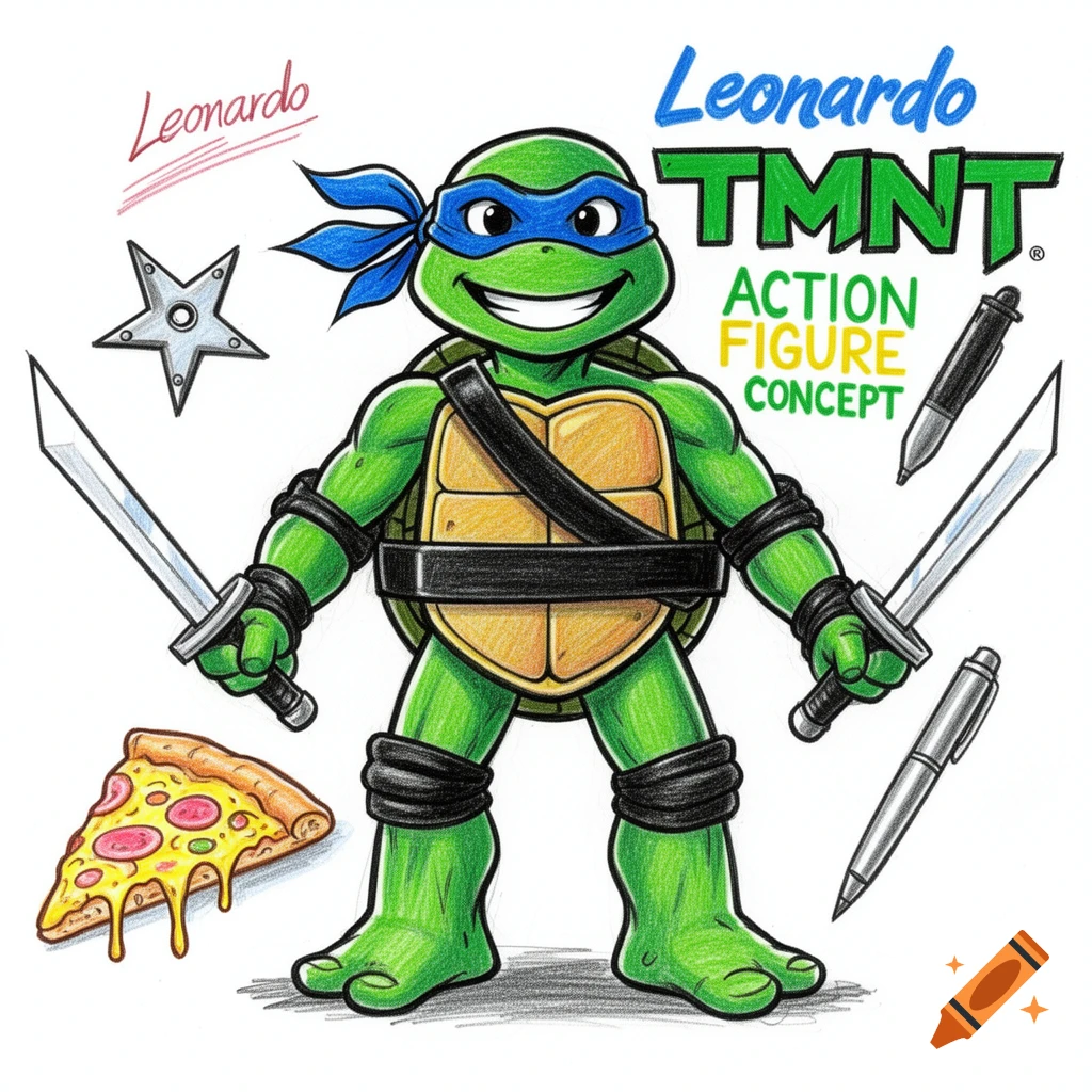 Colorful hand-drawn cartoon of Leonardo, a green ninja turtle with a blue mask, holding swords, alongside pizza, shuriken, and pens. Includes text for "Leonardo TMNT Action Figure Concept".