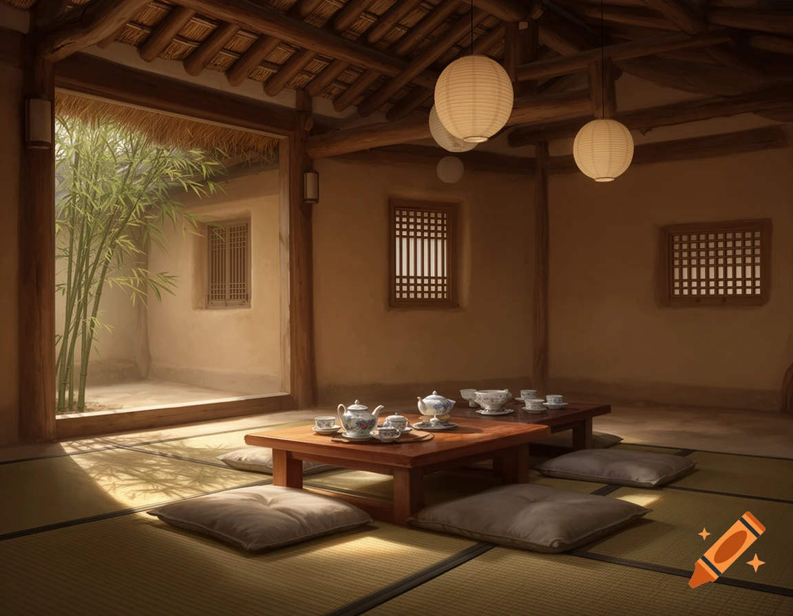 A serene traditional East Asian room with tatami mats, low tables with a tea set, cushions, and bamboo visible through an open window.