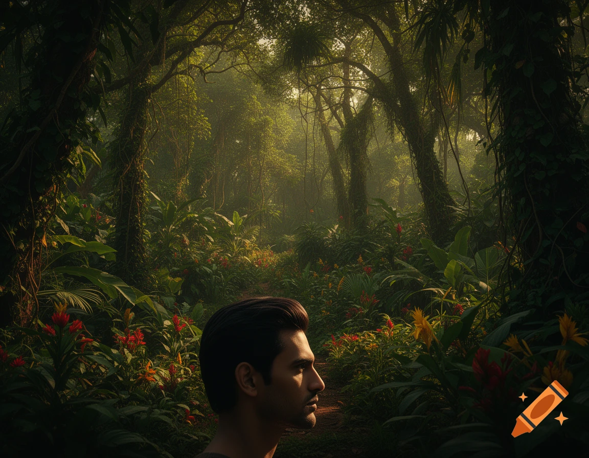 Man's profile in the foreground, looking at a lush, misty Indian jungle with vibrant flowers and dappled sunlight.