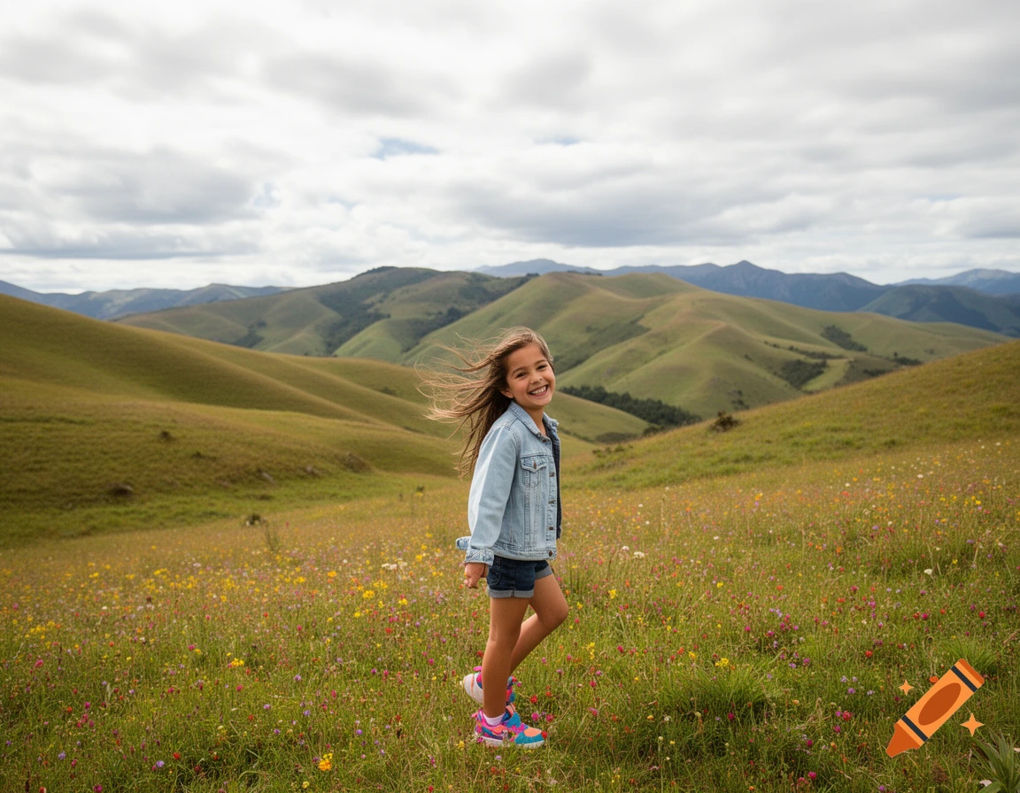A smiling young girl in a denim jacket and shorts walks through a vibrant field of wildflowers with rolling green hills and a cloudy sky in the background.