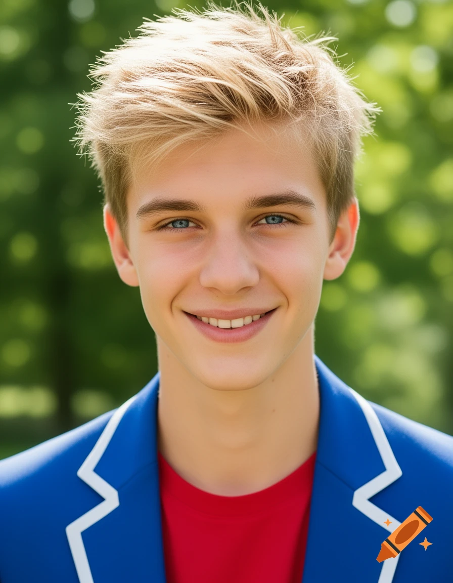 A close-up portrait of a smiling young man with blonde, messy hair and blue eyes, wearing a blue jacket over a red t-shirt, against a blurred green outdoor background.