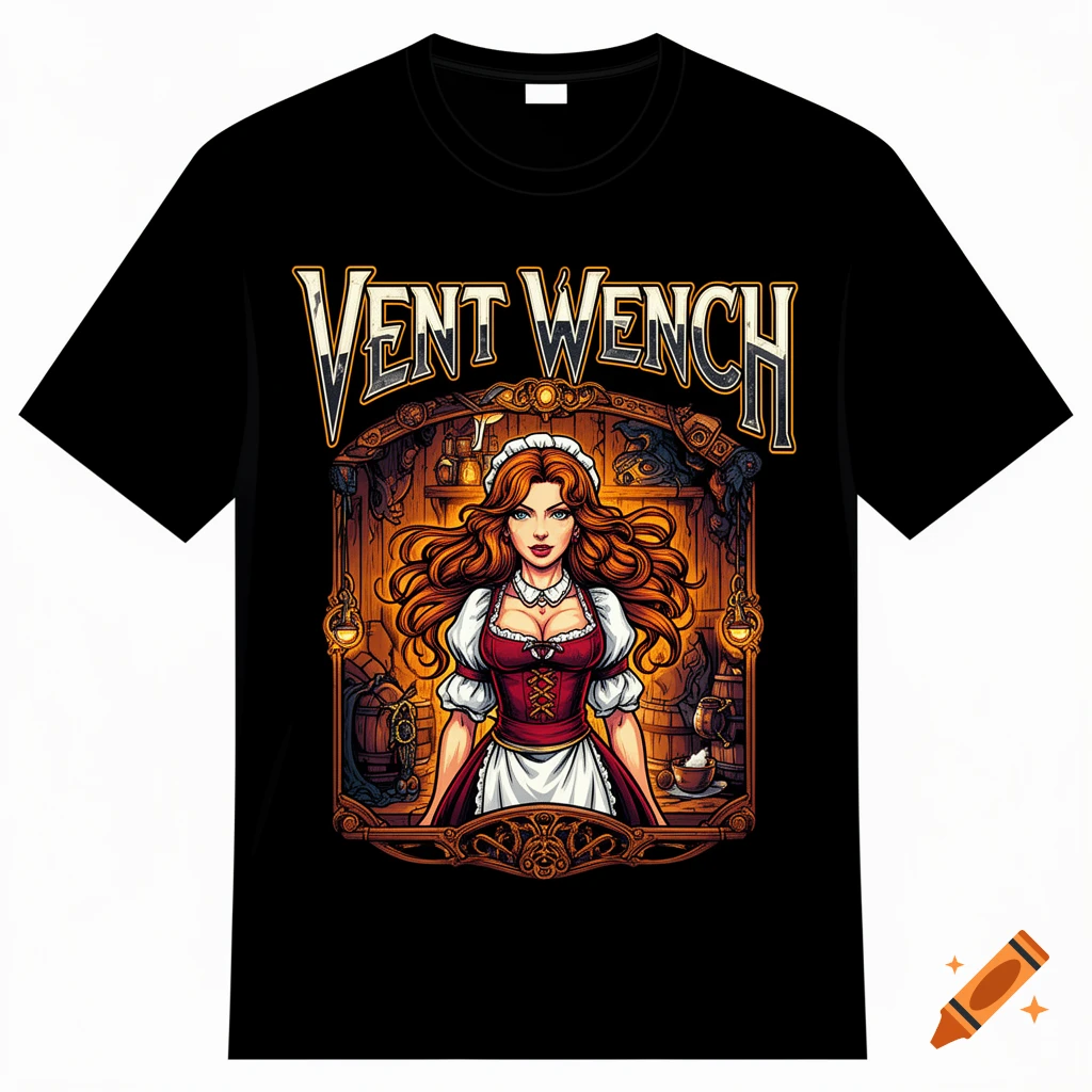 Black t-shirt featuring a fantasy illustration of a red-haired tavern maid in a detailed wooden frame, with "VENT WENCH" in stylized text above.
