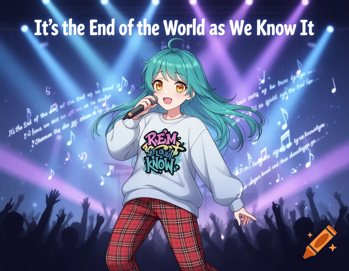 An anime-style Vtuber with teal hair sings into a microphone on stage, wearing a white R.E.M. sweater and plaid pants. The text "It's the End of the World as We Know It" is above her, with a crowd and musical notes in the background.