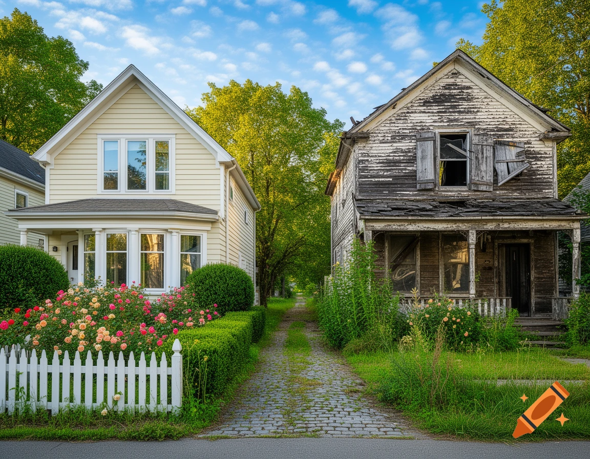 Two houses side-by-side, one a well-kept yellow home with a garden and white fence, the other a dilapidated wooden structure, separated by a path.