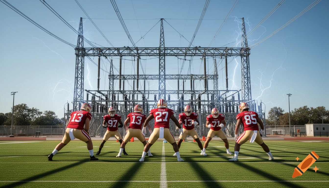 Photorealistic image of seven American football players in red and gold uniforms on a green field, with a large electrical substation in the background, emitting blue lightning sparks.
