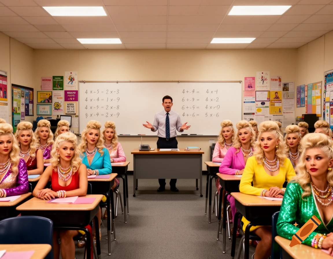 A male teacher with outstretched hands stands in a classroom, looking at rows of identically dressed female students with blonde hair, some looking forward, others looking at the teacher. Photorealistic.