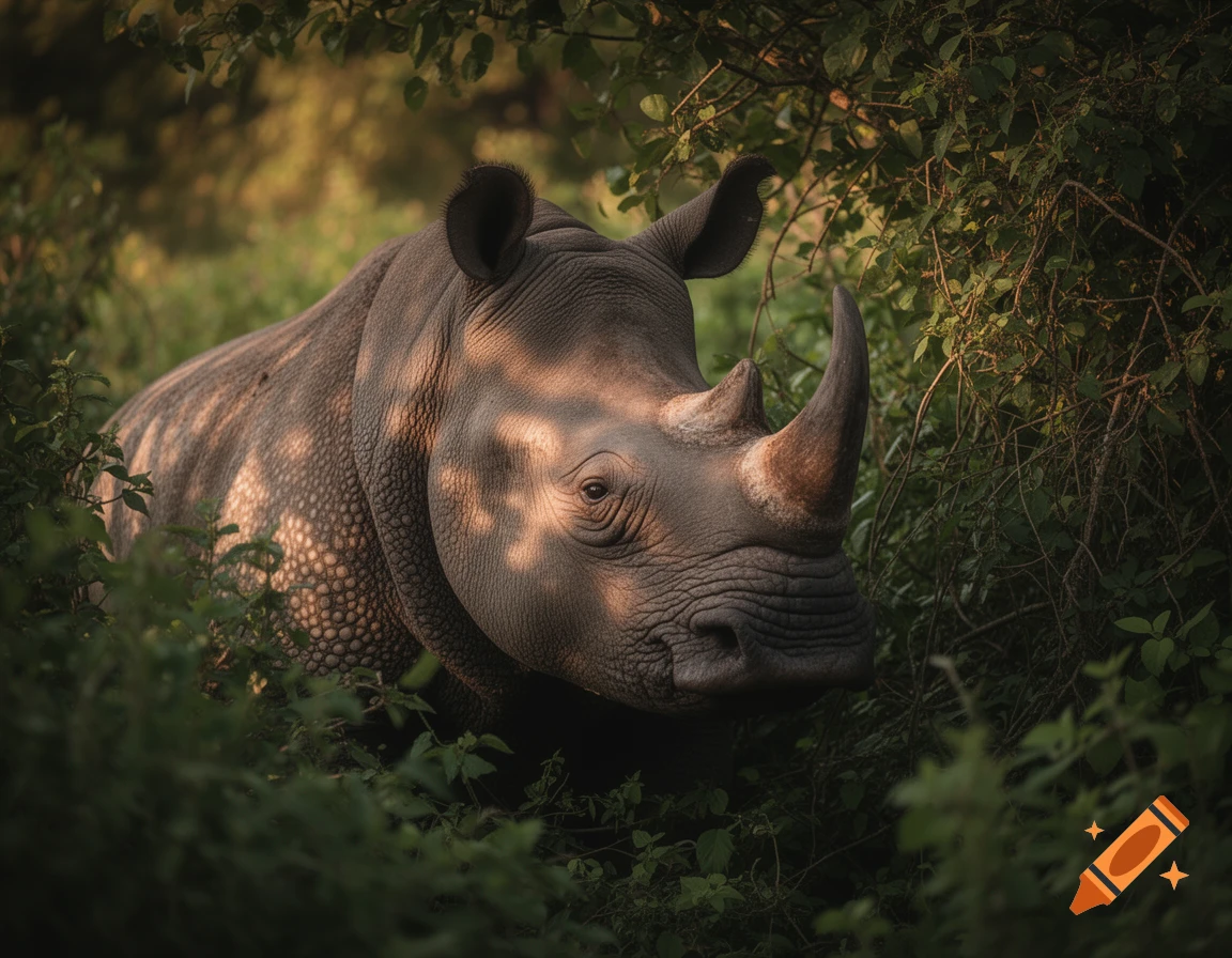 A detailed, photorealistic shot of an Indian rhinoceros's head and upper body emerging from dense green bushes, with sunlight dappling its skin.