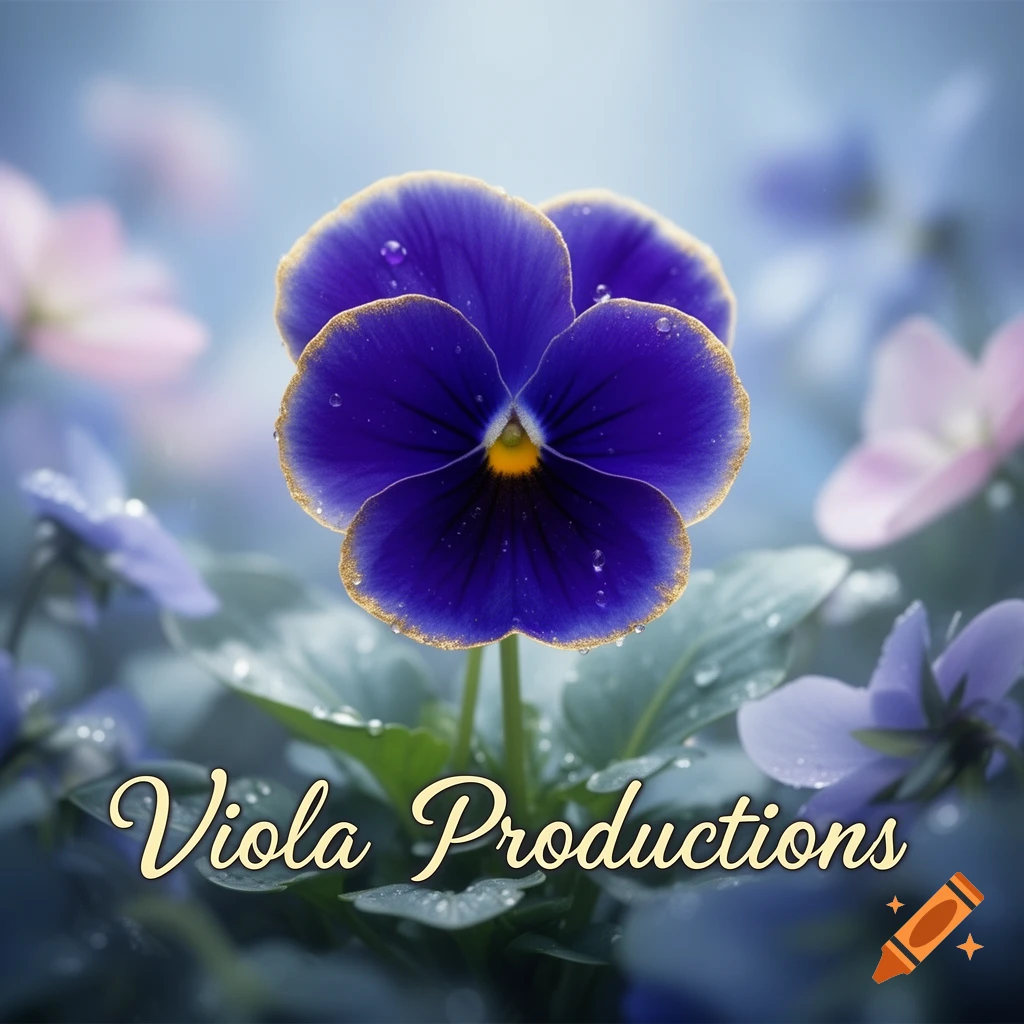 A close-up of a vibrant purple pansy with gold-tipped petals and water droplets, surrounded by blurred flowers and green leaves. The text 'Viola Productions' is centered below.