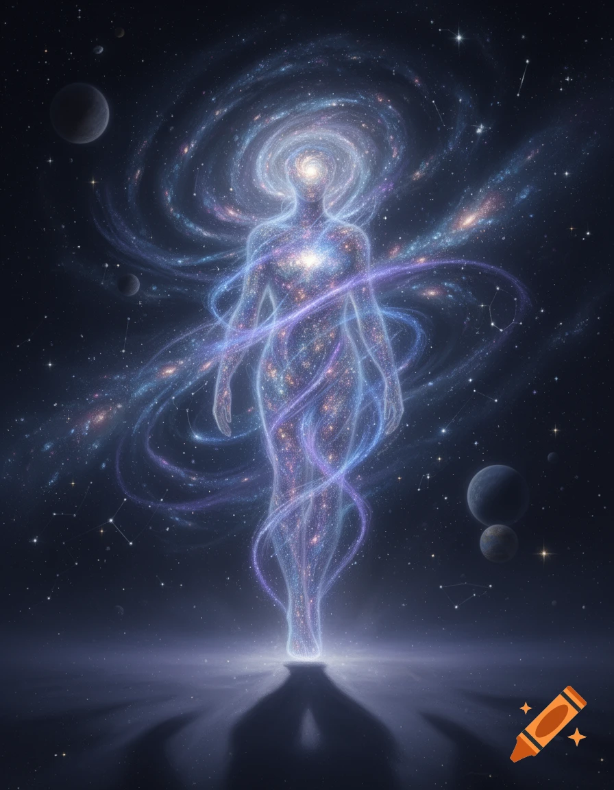 A glowing, translucent human-shaped entity made of stars and galaxies, with a swirling galactic head, standing in deep space among planets.
