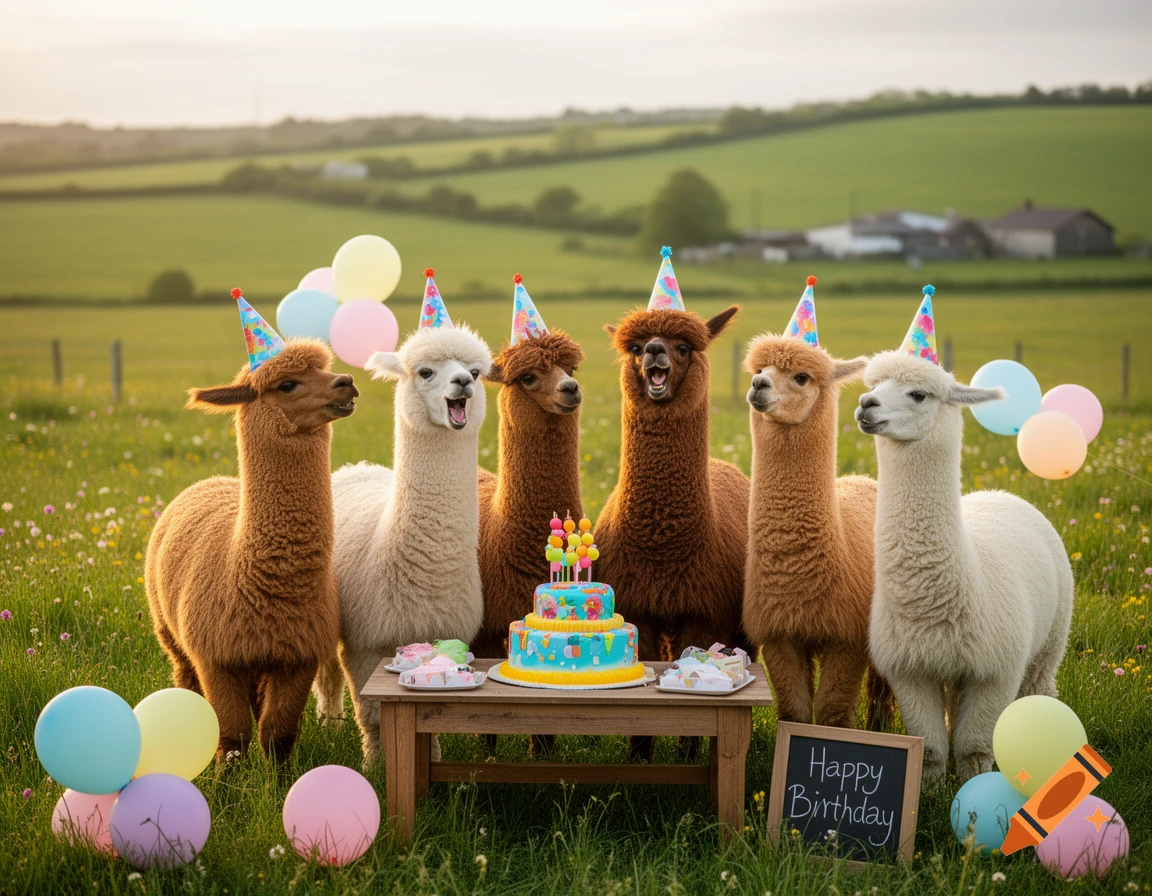 Six alpacas wearing party hats around a table with a birthday cake and balloons in a grassy field at sunset, photorealistic.