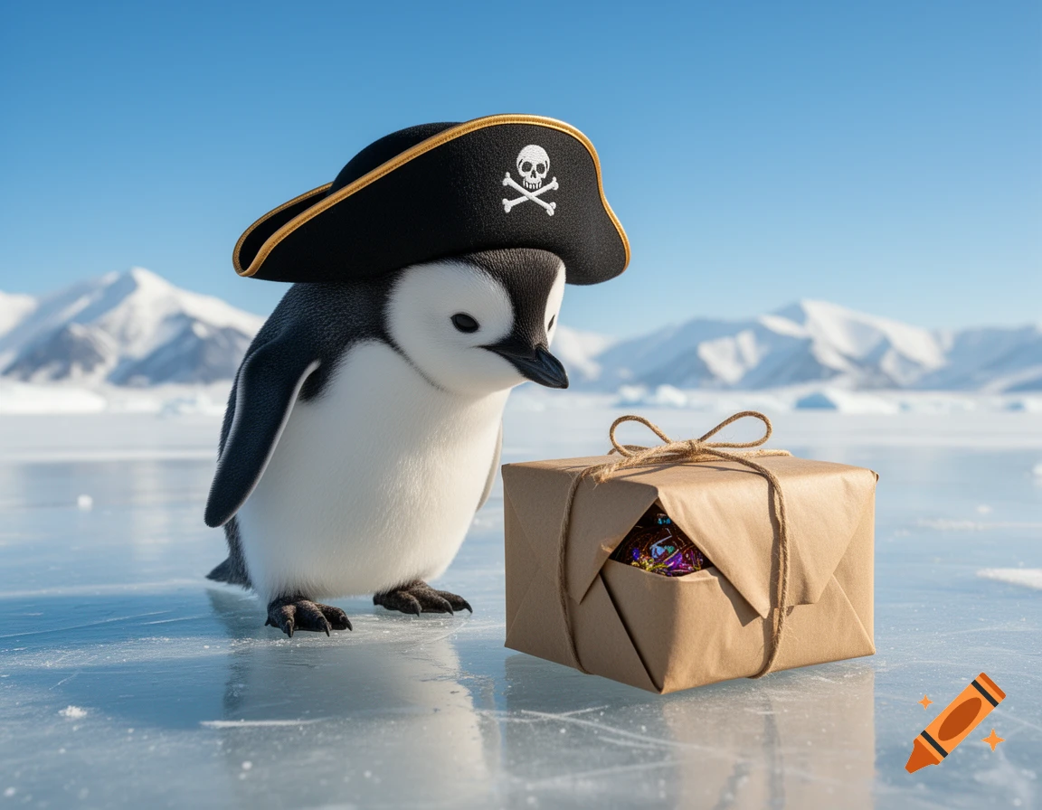 A cute baby penguin wearing a pirate hat on an ice field looks at a partially unwrapped brown gift package.