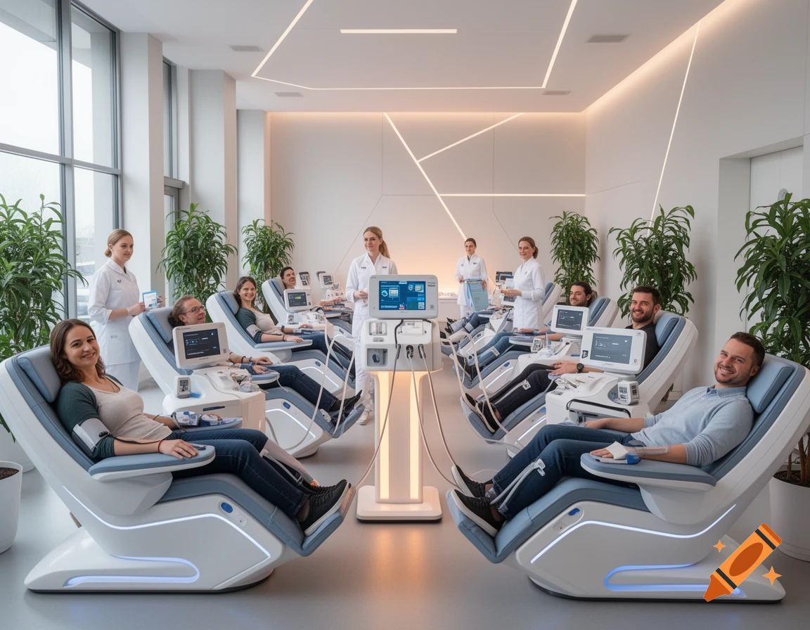 People recline in modern chairs in a bright, clean plasma donation center with medical staff standing nearby.
