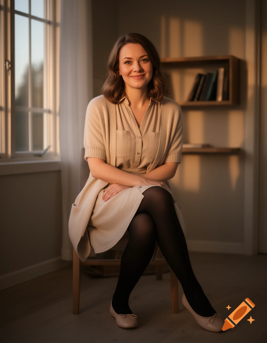 A woman with a soft smile sits in a warm, sunlit living room, wearing a beige dress and black tights.
