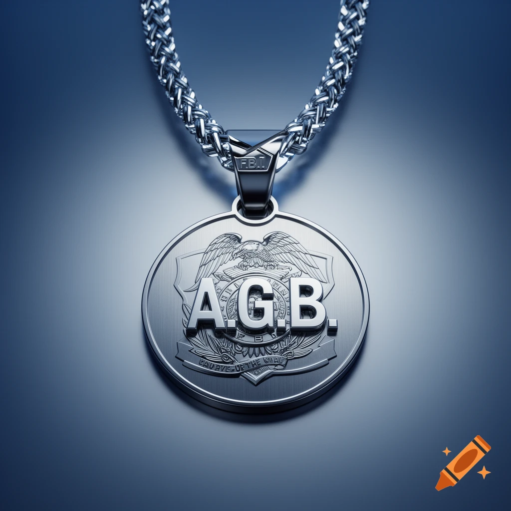 A shiny silver chain with a detailed round F.B.I. badge pendant featuring the letters A.G.B. and an eagle emblem.