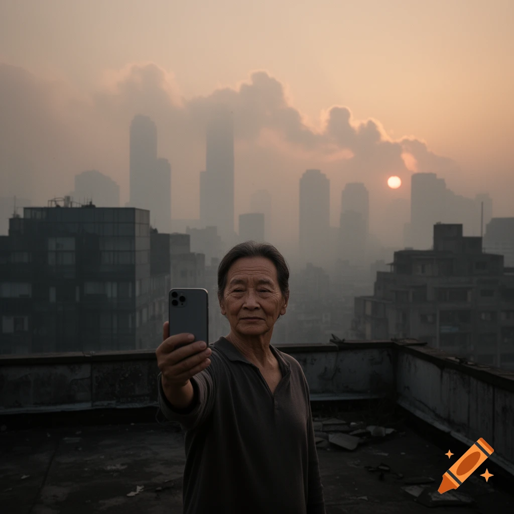 An older person takes a selfie on a rooftop overlooking a hazy city skyline at sunset.