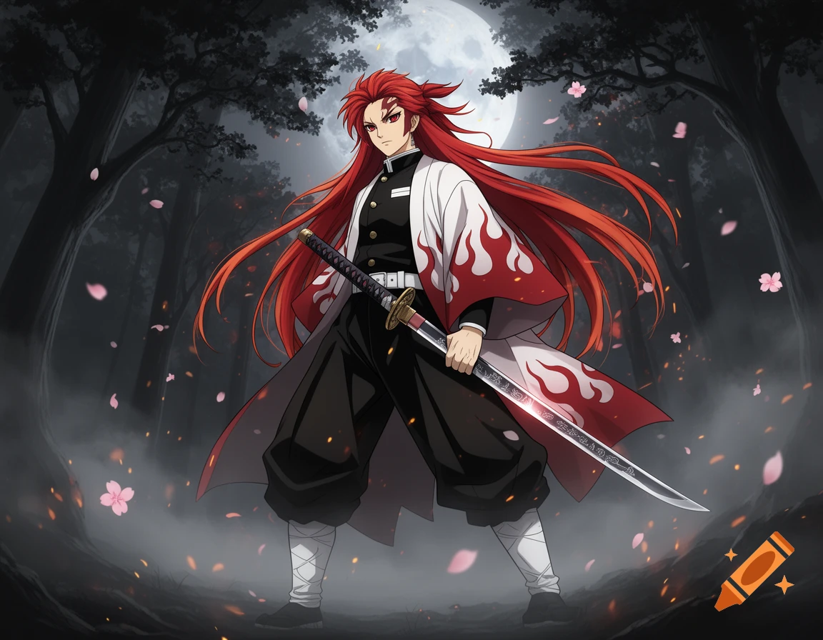 An anime character with long red hair and a white and red haori holds a sword in a dark forest under a full moon, with falling pink petals.