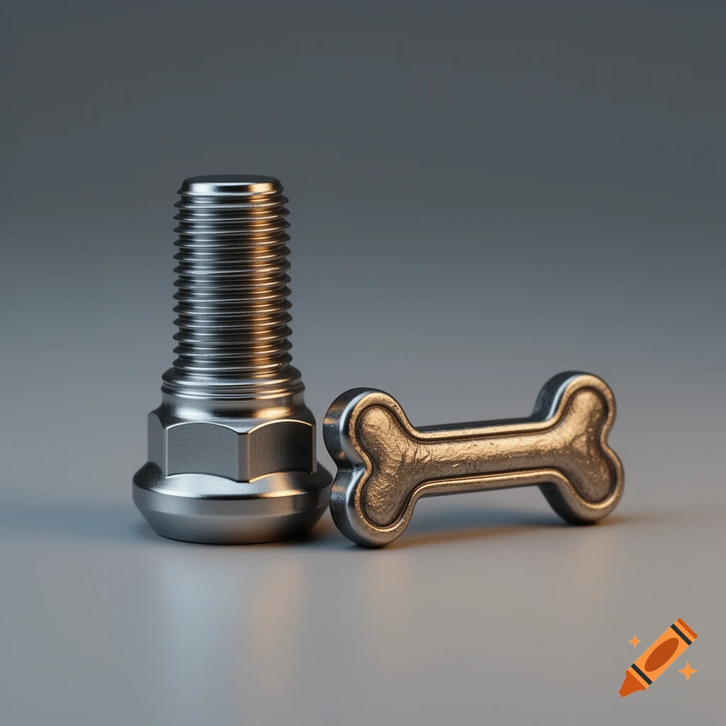 A shiny metallic lug nut stands upright next to a smaller, textured metallic dog bone, on a gray surface with a soft grey background.