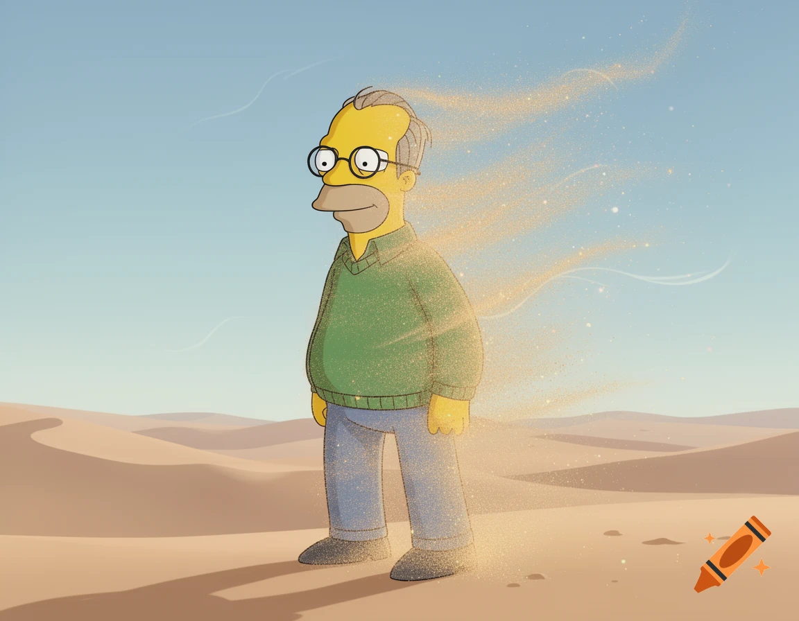 Cartoon Ned Flanders from The Simpsons disintegrating into sparkling sand in a desert.