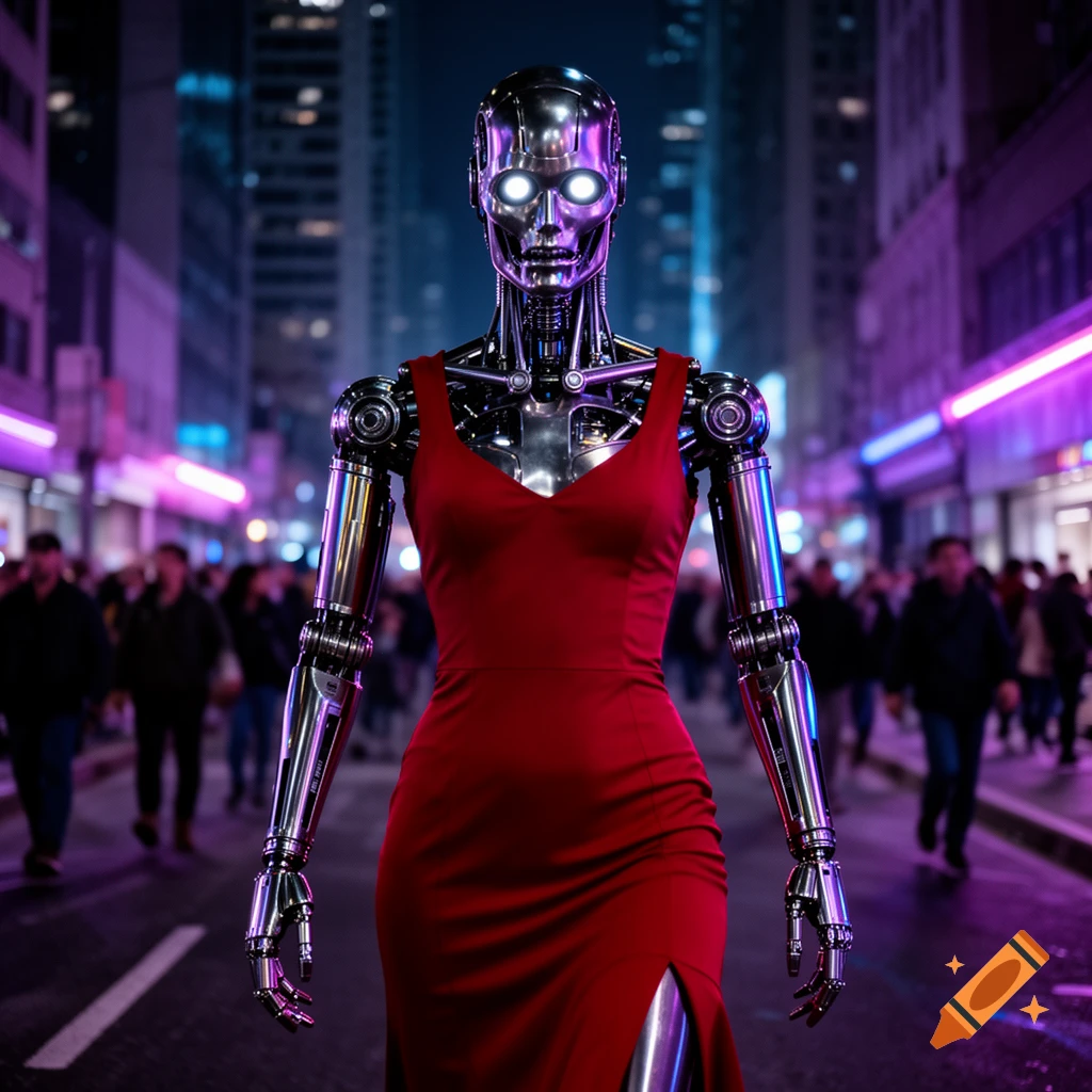 A chrome robot with glowing white eyes wears a long red dress, walking down a neon-lit city street at night with blurred people in the background.