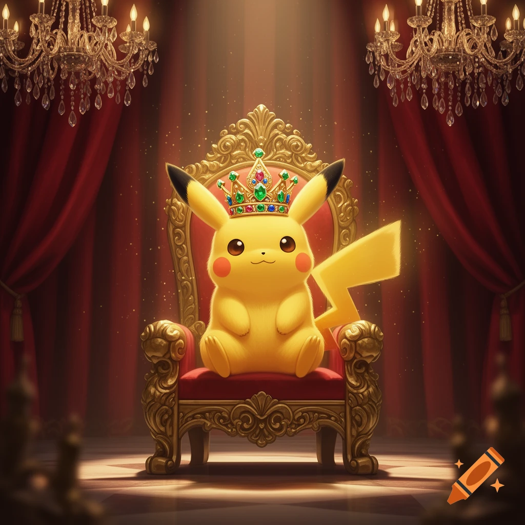 A cute Pikachu wearing a crown sits regally on a golden and red throne in a grand hall with red curtains and chandeliers.
